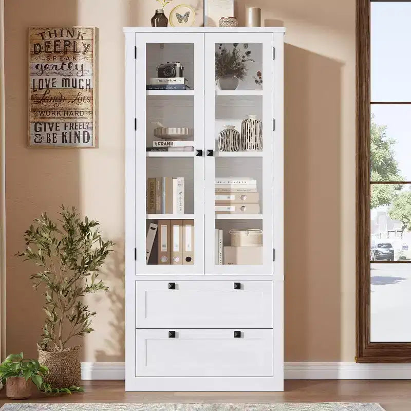 Armario de almacenamiento de despensa de cocina de 72", despensa moderna estilo casa de campo con 2 cajones grandes y estantes ajustables, alacena de cocina independiente para comedor