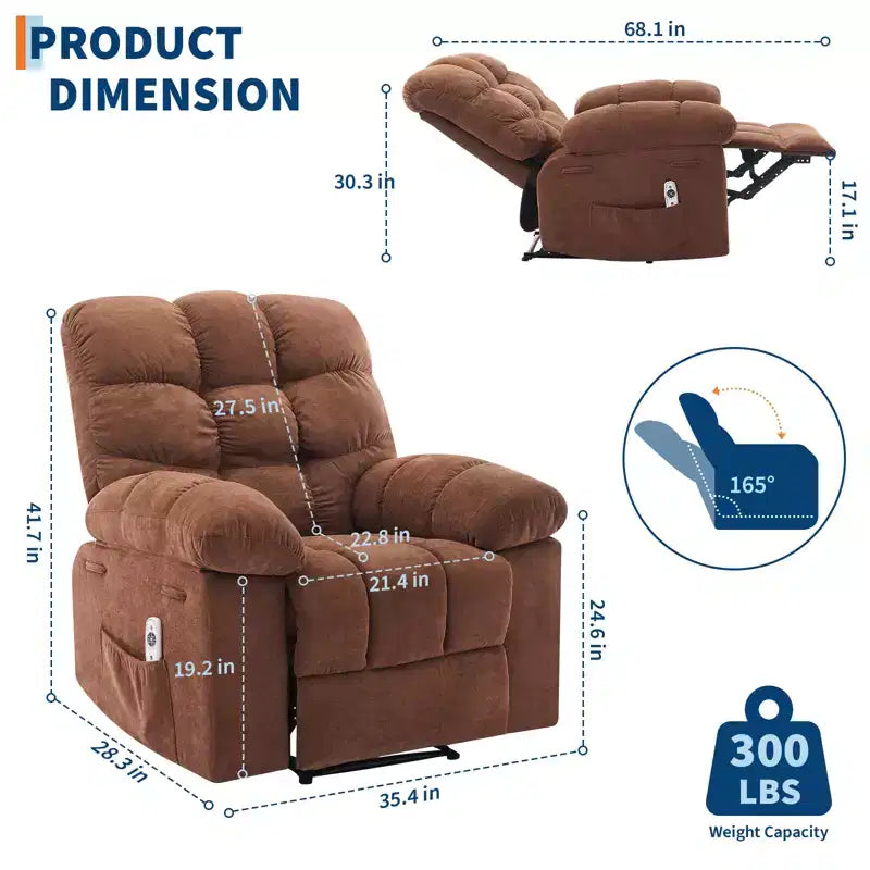 Massage & Heating Recliner Chair for Adults, 150 Manual Oversized Overstuffed Single Sofa, Extra Wide Plush Seat, Living Room & Home Theater