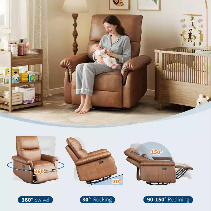 360 Swivel Rocker Glider Recliner Chair, PU Leather Nursery Sofa with Deep Padded Seat & Armrests for Living Room, Bedroom & Nursery