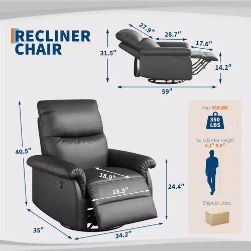 Sillón reclinable giratorio 360 mecedora con planeador, sofá de guardería de cuero PU con asiento y reposabrazos acolchados para sala de estar, dormitorio y guardería