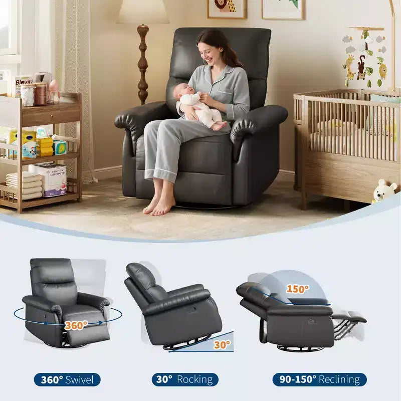 360 Swivel Rocker Glider Recliner Chair, PU Leather Nursery Sofa with Deep Padded Seat & Armrests for Living Room, Bedroom & Nursery