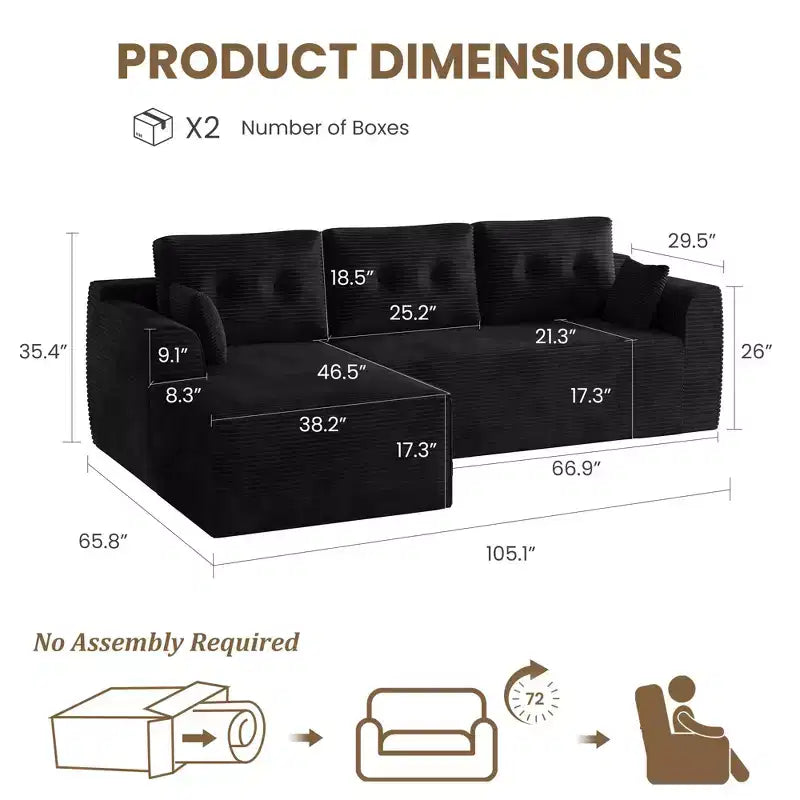 Modular Sectional Sofa, 105'' Soft Couch Sofa Bed for Living Room, Sectional Couch with Oversized Chaise