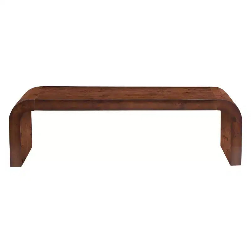 Mesa de centro moderna tipo cascada con acabado de chapa de raíz y bordes curvos