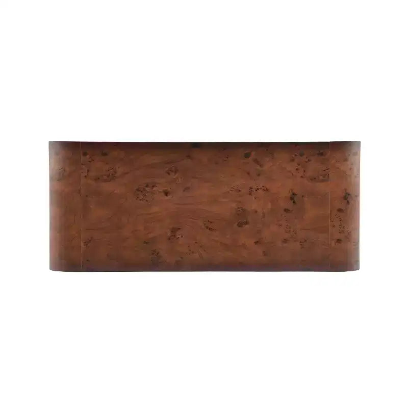 Mesa de centro moderna tipo cascada con acabado de chapa de raíz y bordes curvos