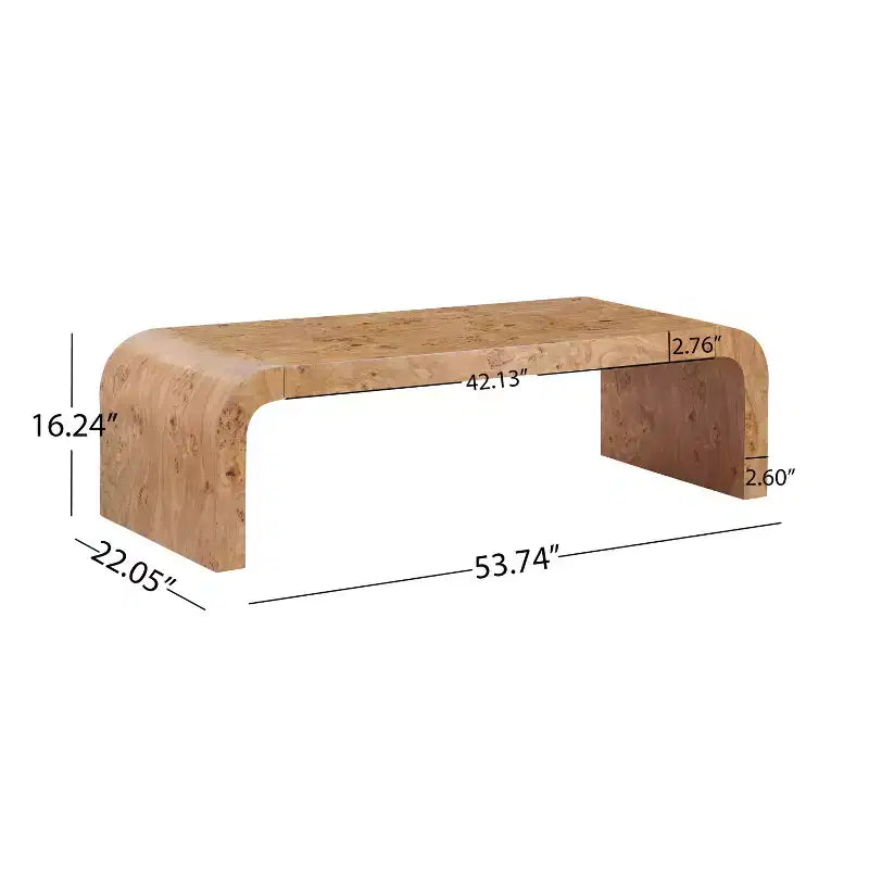 Mesa de centro moderna tipo cascada con acabado de chapa de raíz y bordes curvos
