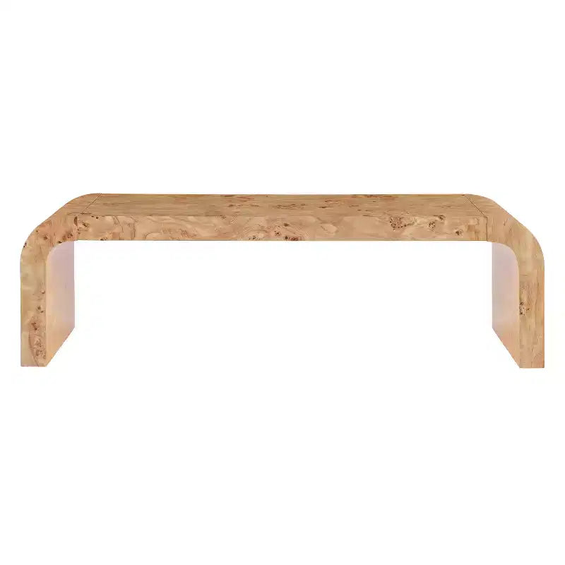 Mesa de centro moderna tipo cascada con acabado de chapa de raíz y bordes curvos