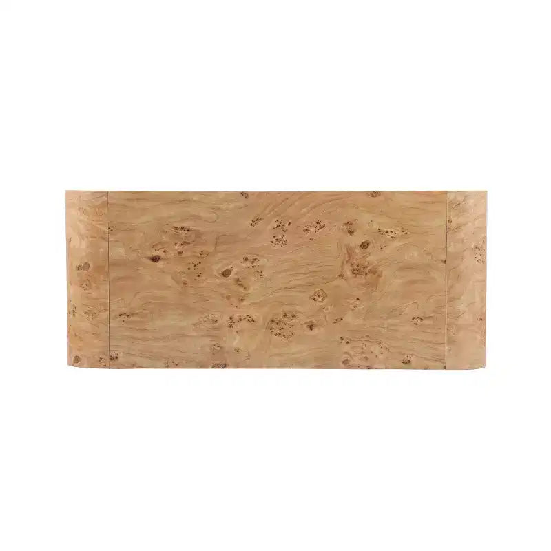 Mesa de centro moderna tipo cascada con acabado de chapa de raíz y bordes curvos