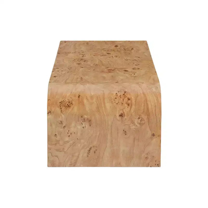 Mesa de centro moderna tipo cascada con acabado de chapa de raíz y bordes curvos