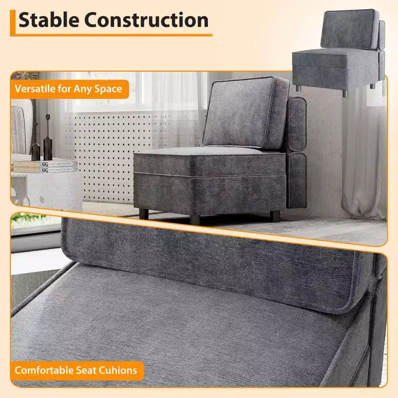 Modular 1 Seat Sofa, Chenille Single Chair with Storage Seat, Modular Sectional Unit for Modular Sectional Sofa Couch, Free Combination, Light Grey