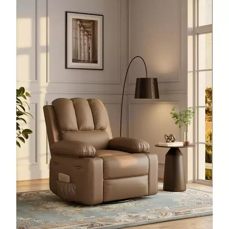 22in Rocker Swivel Recliner Chair, PU Leather Lazy Recliner W/ 1.5X Sponge, Cup Holder & Side Pockets, 360 Swivel for Living Room, Bedroom, Nursery