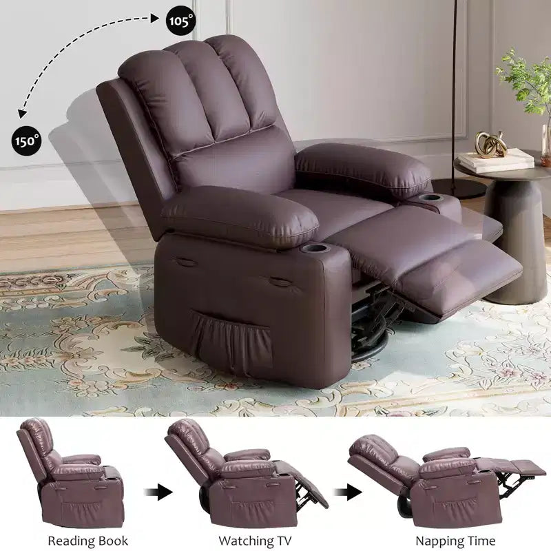22in Rocker Swivel Recliner Chair, PU Leather Lazy Recliner W/ 1.5X Sponge, Cup Holder & Side Pockets, 360 Swivel for Living Room, Bedroom, Nursery