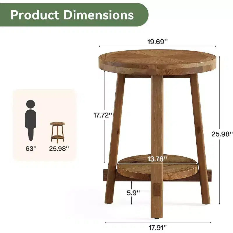 Table d'appoint ronde en bois massif, table de chevet de ferme à 2 niveaux pour petits espaces, marron