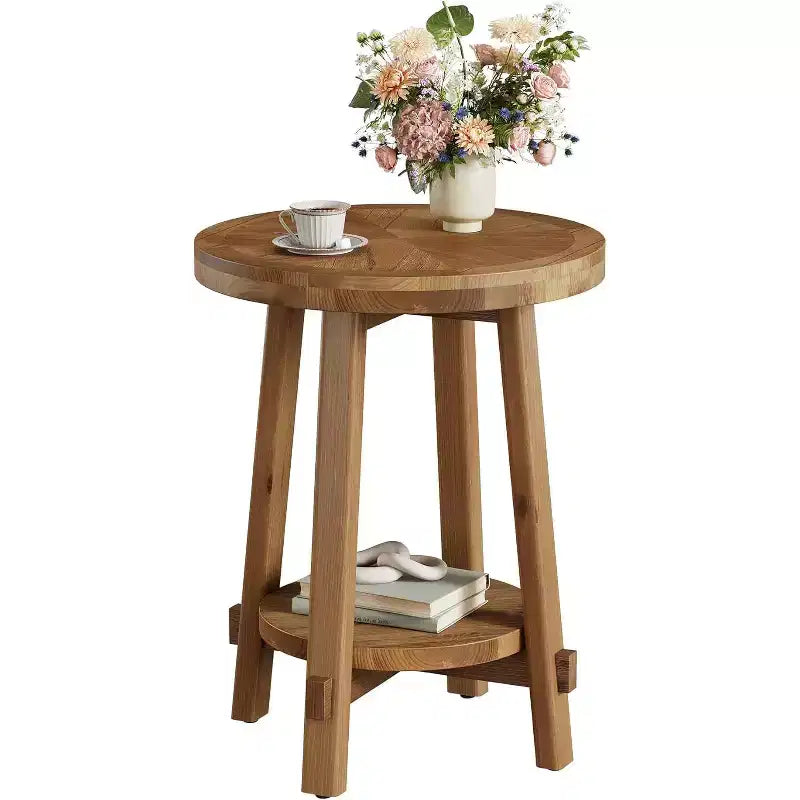 Table d'appoint ronde en bois massif, table de chevet de ferme à 2 niveaux pour petits espaces, marron