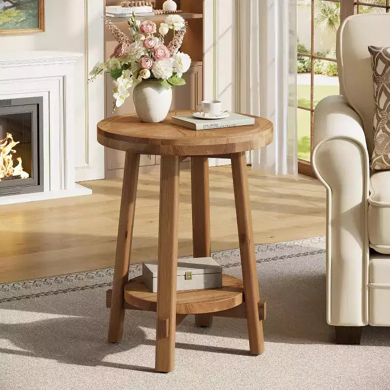 Table d'appoint ronde en bois massif, table de chevet de ferme à 2 niveaux pour petits espaces, marron