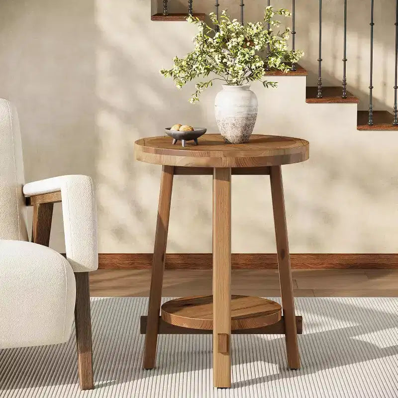 Table d'appoint ronde en bois massif, table de chevet de ferme à 2 niveaux pour petits espaces, marron