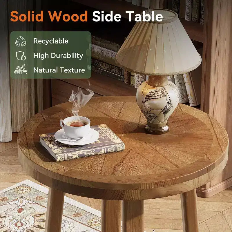 Table d'appoint ronde en bois massif, table de chevet de ferme à 2 niveaux pour petits espaces, marron