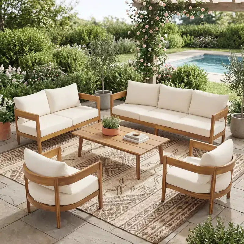 Christopher Knight Home Safira 5 Piece Patio Rustic Acacia Wood Conversation Set with Thick Cushions