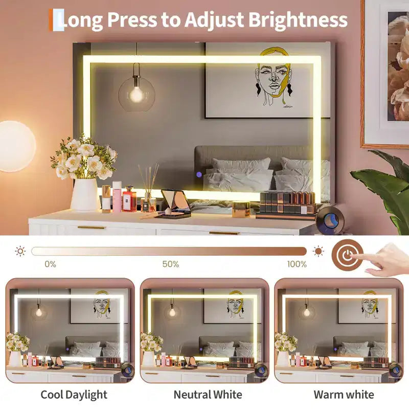 Tocador estriado con espejo y luces, pequeño tocador de maquillaje con 2 cajones y toma de corriente, 3 modos de iluminación, brillo ajustable para dormitorio