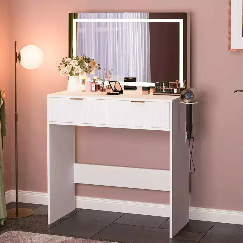 Tocador estriado con espejo y luces, pequeño tocador de maquillaje con 2 cajones y toma de corriente, 3 modos de iluminación, brillo ajustable para dormitorio