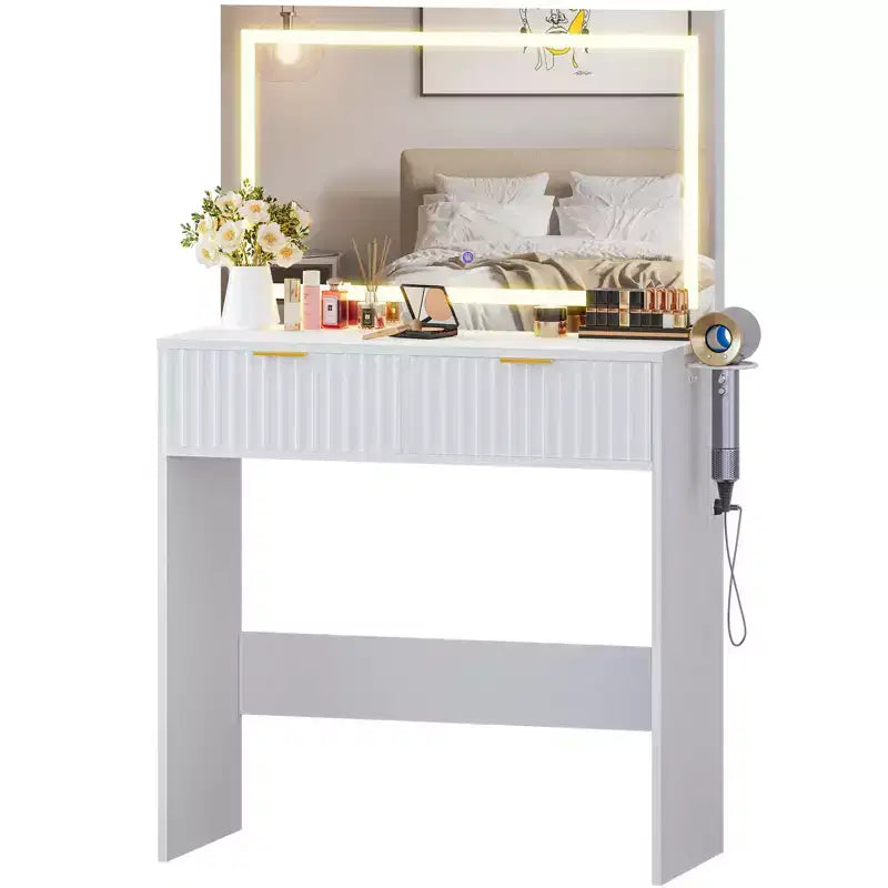 Tocador estriado con espejo y luces, pequeño tocador de maquillaje con 2 cajones y toma de corriente, 3 modos de iluminación, brillo ajustable para dormitorio