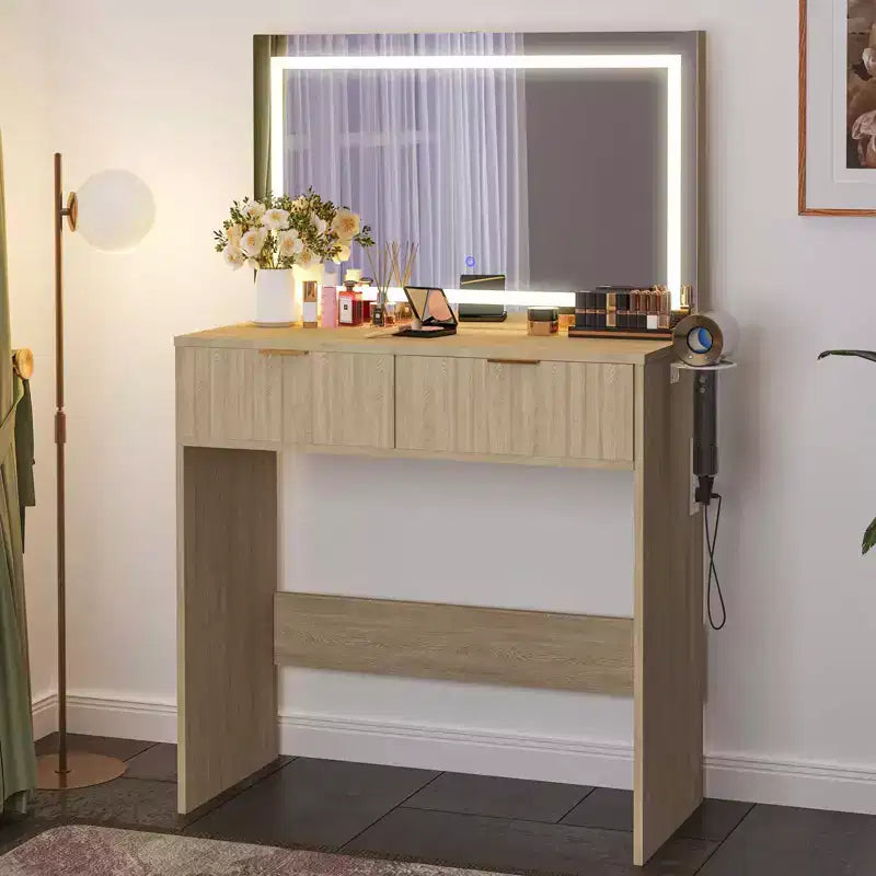 Tocador estriado con espejo y luces, pequeño tocador de maquillaje con 2 cajones y toma de corriente, 3 modos de iluminación, brillo ajustable para dormitorio