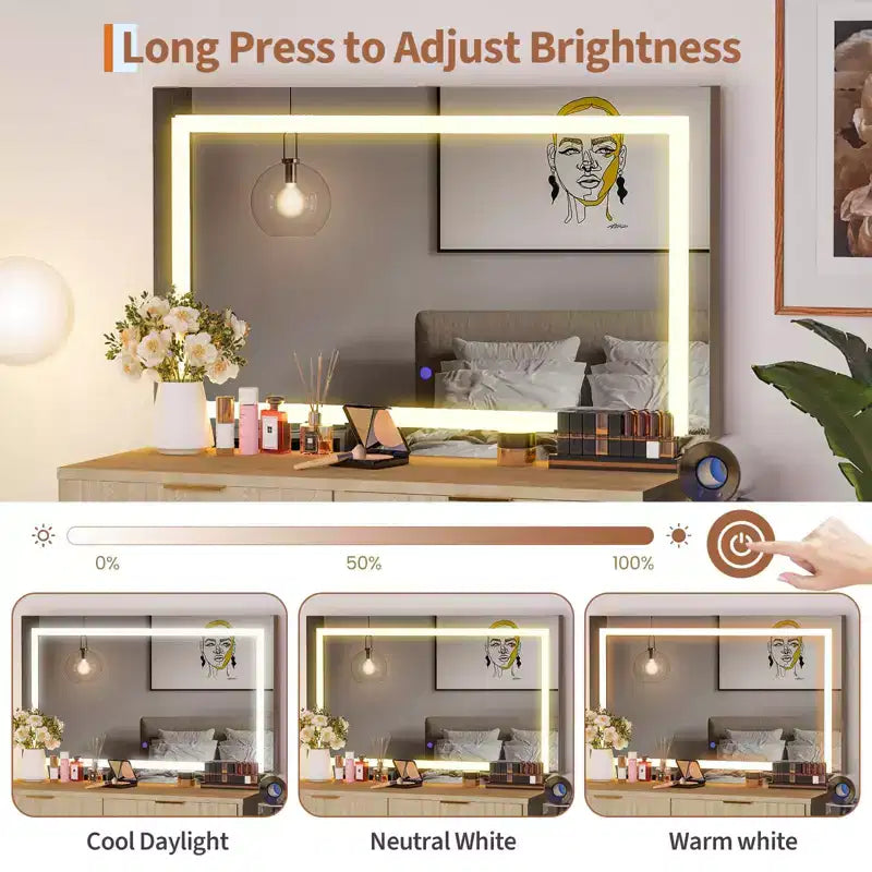 Tocador estriado con espejo y luces, pequeño tocador de maquillaje con 2 cajones y toma de corriente, 3 modos de iluminación, brillo ajustable para dormitorio