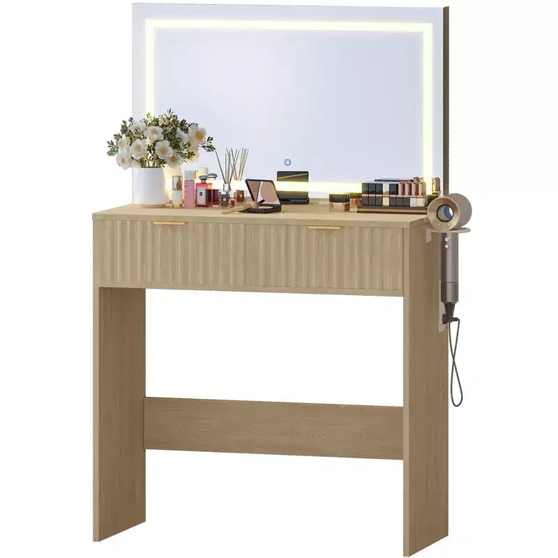 Tocador estriado con espejo y luces, pequeño tocador de maquillaje con 2 cajones y toma de corriente, 3 modos de iluminación, brillo ajustable para dormitorio