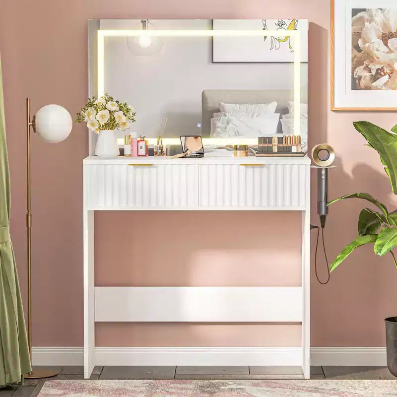 Coiffeuse cannelée avec miroir et lumières, Petite coiffeuse de maquillage avec 2 tiroirs et prise électrique, 3 modes d'éclairage à luminosité réglable pour chambre à coucher