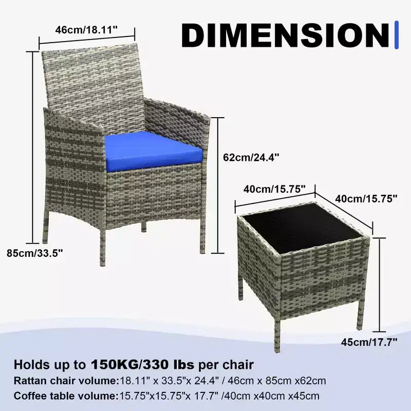 Ensemble de patio 3 pièces, salon de jardin en rotin PE avec 2 chaises et 1 table basse, mobilier d'extérieur pour patio, porche, balcon, bistrot