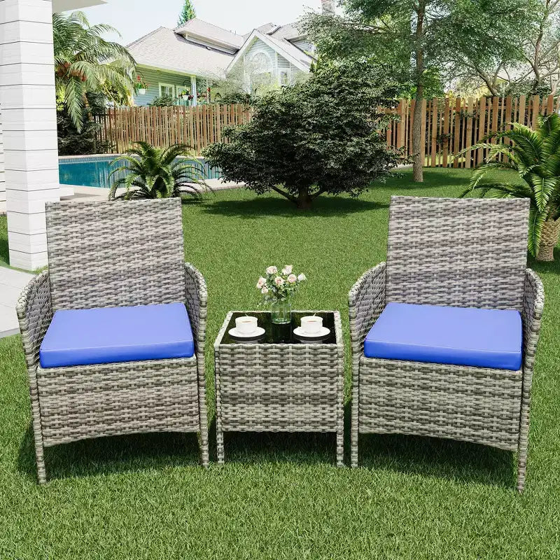 Ensemble de patio 3 pièces, salon de jardin en rotin PE avec 2 chaises et 1 table basse, mobilier d'extérieur pour patio, porche, balcon, bistrot