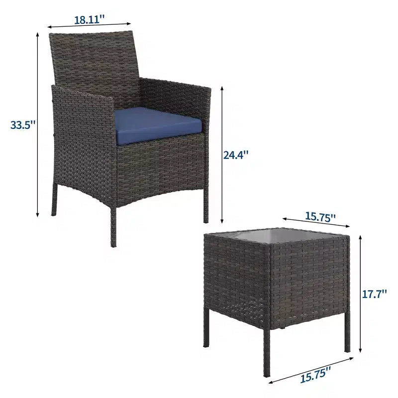 Ensemble de patio 3 pièces, salon de jardin en rotin PE avec 2 chaises et 1 table basse, mobilier d'extérieur pour patio, porche, balcon, bistrot