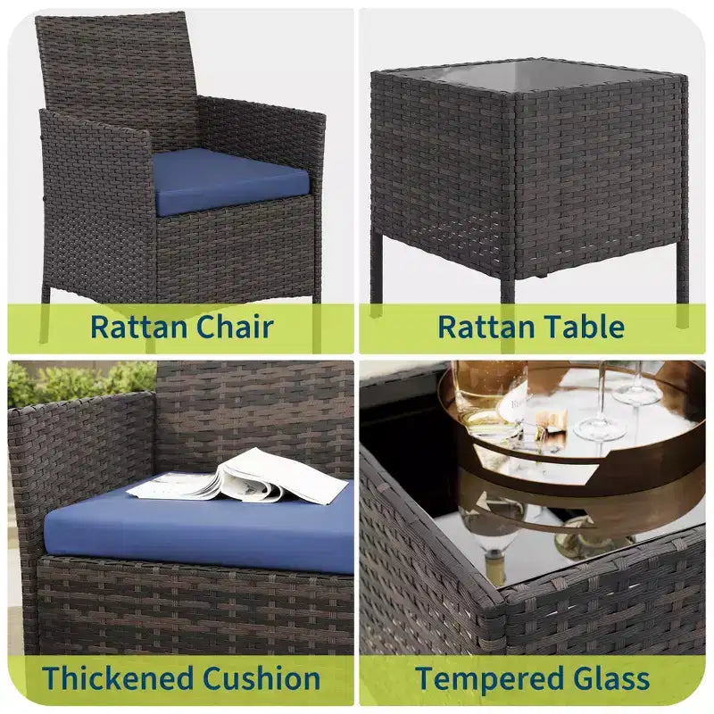 Ensemble de patio 3 pièces, salon de jardin en rotin PE avec 2 chaises et 1 table basse, mobilier d'extérieur pour patio, porche, balcon, bistrot