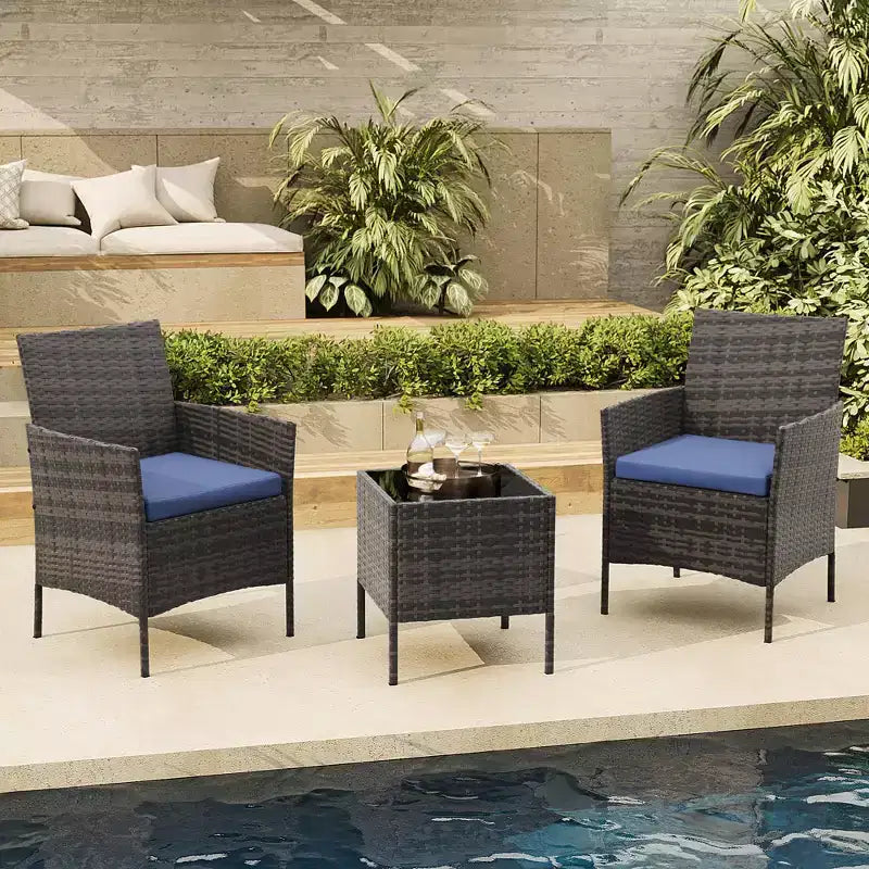 Ensemble de patio 3 pièces, salon de jardin en rotin PE avec 2 chaises et 1 table basse, mobilier d'extérieur pour patio, porche, balcon, bistrot
