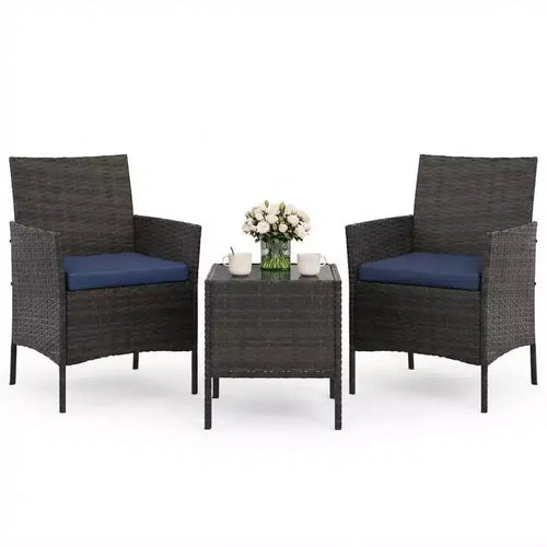 3 Piece Patio Set, PE Rattan Patio Conversation Set with 2 Chairs and 1 Coffee Table, Outdoor Patio Furniture Set for Patio Front Porch Balcony Bistro