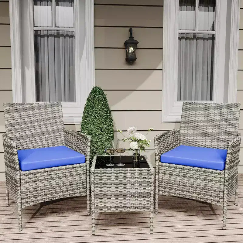 Ensemble de patio 3 pièces, salon de jardin en rotin PE avec 2 chaises et 1 table basse, mobilier d'extérieur pour patio, porche, balcon, bistrot