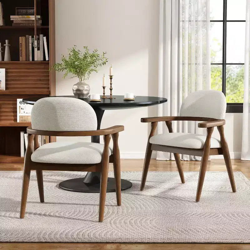 Sillas de comedor tapizadas de madera de caucho estilo casa de campo con respaldo curvo, juego de 2