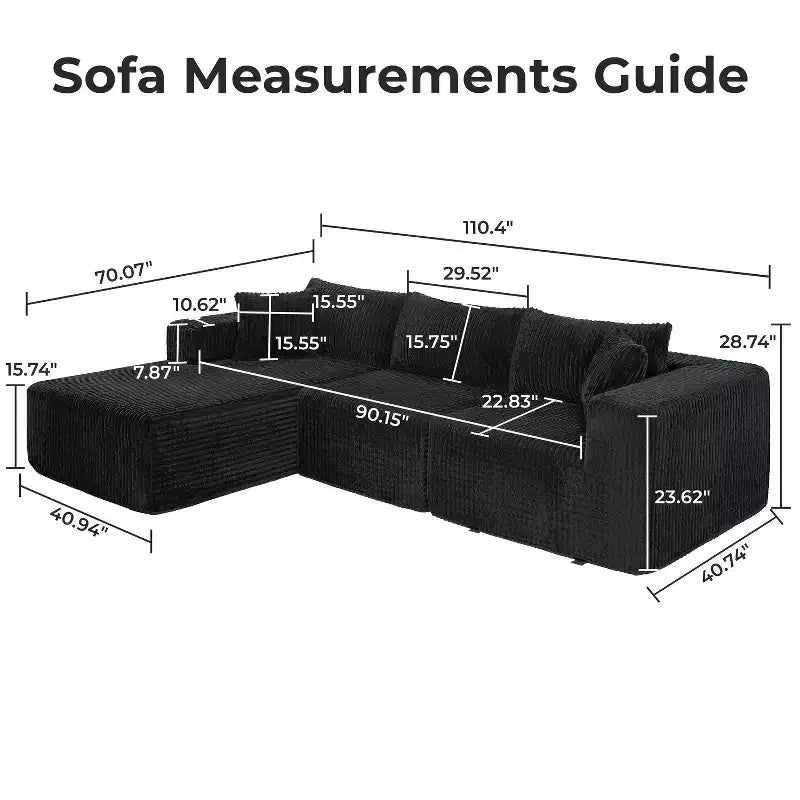 Home Imports Emporium 110 Modular Cloud Sectional Sofa with Chaise, Deep Seat L-Shaped Couch, Soft Corduroy Upholstered Frameless Sectional