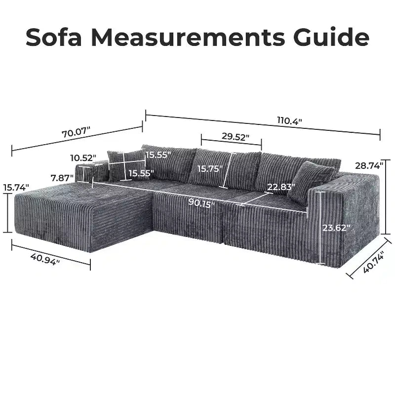 Home Imports Emporium 110 Modular Cloud Sectional Sofa with Chaise, Deep Seat L-Shaped Couch, Soft Corduroy Upholstered Frameless Sectional