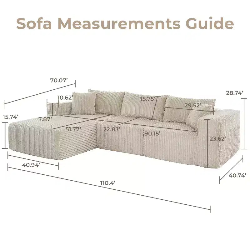 Home Imports Emporium 110 Modular Cloud Sectional Sofa with Chaise, Deep Seat L-Shaped Couch, Soft Corduroy Upholstered Frameless Sectional
