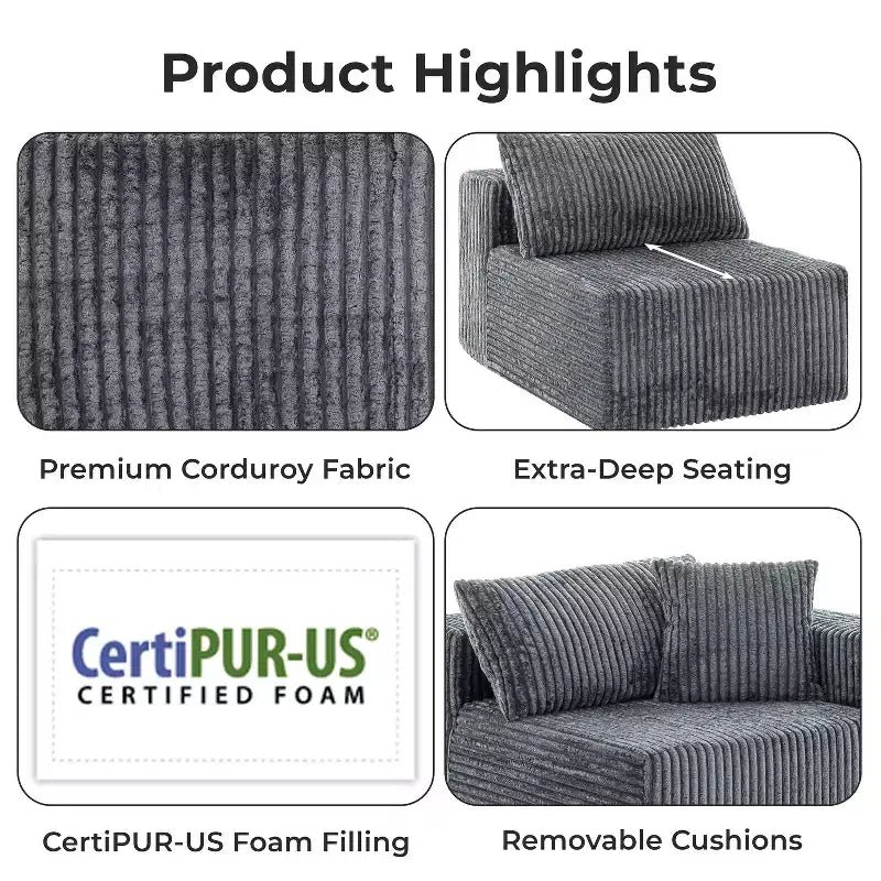 Home Imports Emporium 110 Modular Cloud Sectional Sofa with Chaise, Deep Seat L-Shaped Couch, Soft Corduroy Upholstered Frameless Sectional