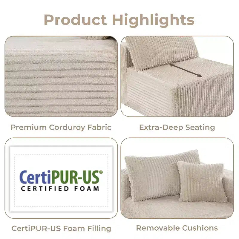 Home Imports Emporium 110 Modular Cloud Sectional Sofa with Chaise, Deep Seat L-Shaped Couch, Soft Corduroy Upholstered Frameless Sectional