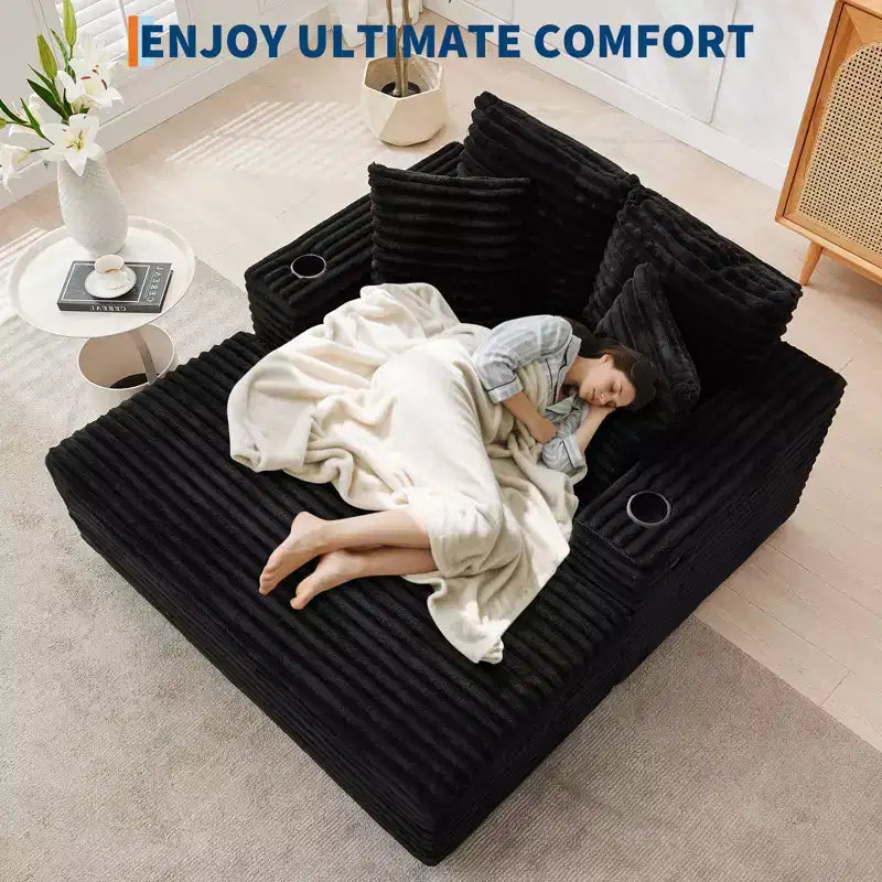 GustoWave 54 Corduroy Chaise Lounge Chair, Oversized Sleeper Sofa with Cup Holders & Pillows, Green Living Room Furniture