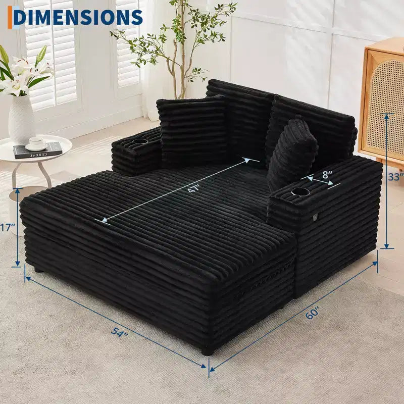 GustoWave 54 Corduroy Chaise Lounge Chair, Oversized Sleeper Sofa with Cup Holders & Pillows, Green Living Room Furniture
