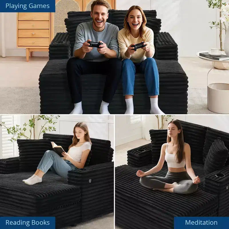 GustoWave 54 Corduroy Chaise Lounge Chair, Oversized Sleeper Sofa with Cup Holders & Pillows, Green Living Room Furniture