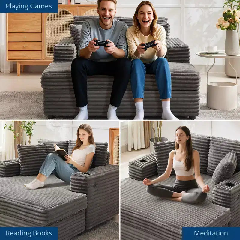 GustoWave 54 Corduroy Chaise Lounge Chair, Oversized Sleeper Sofa with Cup Holders & Pillows, Green Living Room Furniture