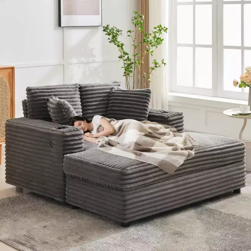 GustoWave 54 Corduroy Chaise Lounge Chair, Oversized Sleeper Sofa with Cup Holders & Pillows, Green Living Room Furniture