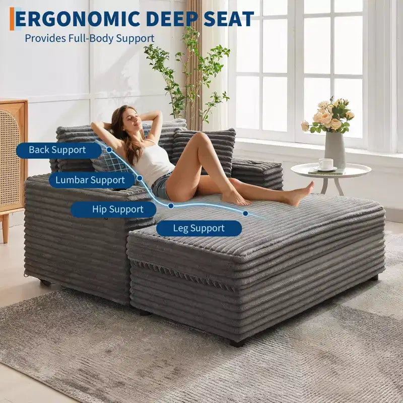 GustoWave 54 Corduroy Chaise Lounge Chair, Oversized Sleeper Sofa with Cup Holders & Pillows, Green Living Room Furniture