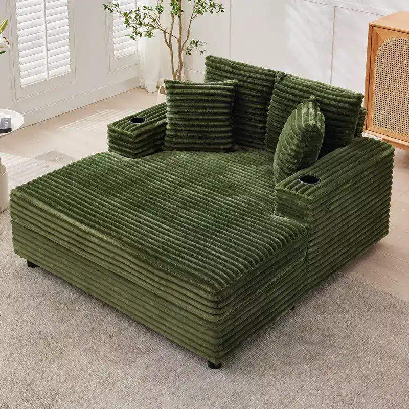 GustoWave 54 Corduroy Chaise Lounge Chair, Oversized Sleeper Sofa with Cup Holders & Pillows, Green Living Room Furniture