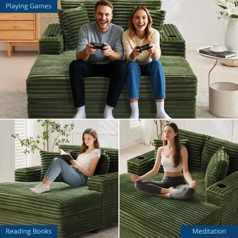 GustoWave 54 Corduroy Chaise Lounge Chair, Oversized Sleeper Sofa with Cup Holders & Pillows, Green Living Room Furniture
