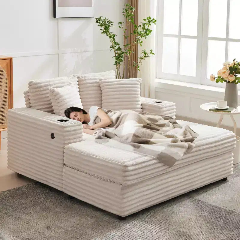 GustoWave 54 Corduroy Chaise Lounge Chair, Oversized Sleeper Sofa with Cup Holders & Pillows, Green Living Room Furniture